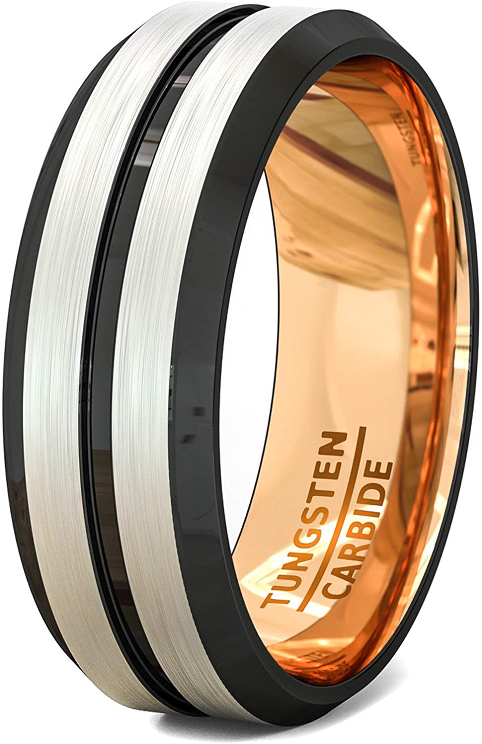 Tungsten Ring Rose Gold with Black Groove and Beveled Edge Comfort Fit 8mm