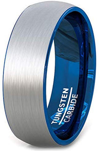 Blue Tungsten Ring 8mm Classic Dome Two Tone Brushed Surface Comfort Fit