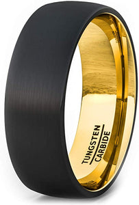 Black Tungsten Ring 8mm 18k Gold Plated Brushed Dome Comfort Fit