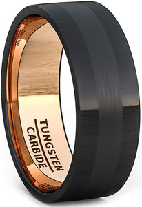 Black Tungsten Ring 8mm Rose Gold Polished with Brushed Inlay Flat Edge Comfort Fit