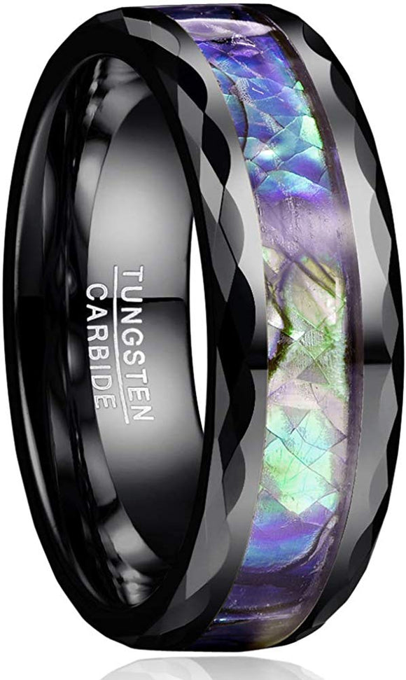 8mm Abalone Shell Tungsten Carbide Ring Faceted Edge Comfort Fit  Black