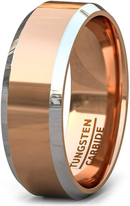 18k Plated Tungsten Ring 8mm Polished Beveled Two Tone Comfort Fit
