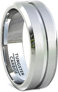 8mm Tungsten Ring Brushed with Center Groove and Beveled Edges
