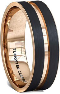 Brushed Black Tungsten Ring 8mm Rose Gold Groove Flat Edge Comfort Fit