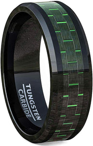 8mm Black Tungsten Carbon Fiber Rings Beveled Edge Comfort Fit Green