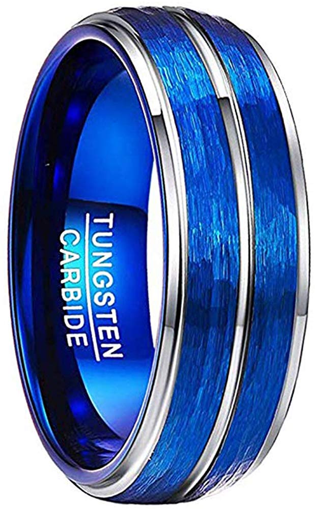 8mm Blue Domed Tungsten Carbide Ring Hammered and Brushed Finish Step Edge Comfort Fit Size 7-12