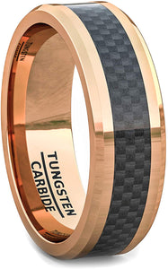 8mm Tungsten Rose Gold Ring Black Carbon Fiber Surface Beveled Edges Comfort Fit