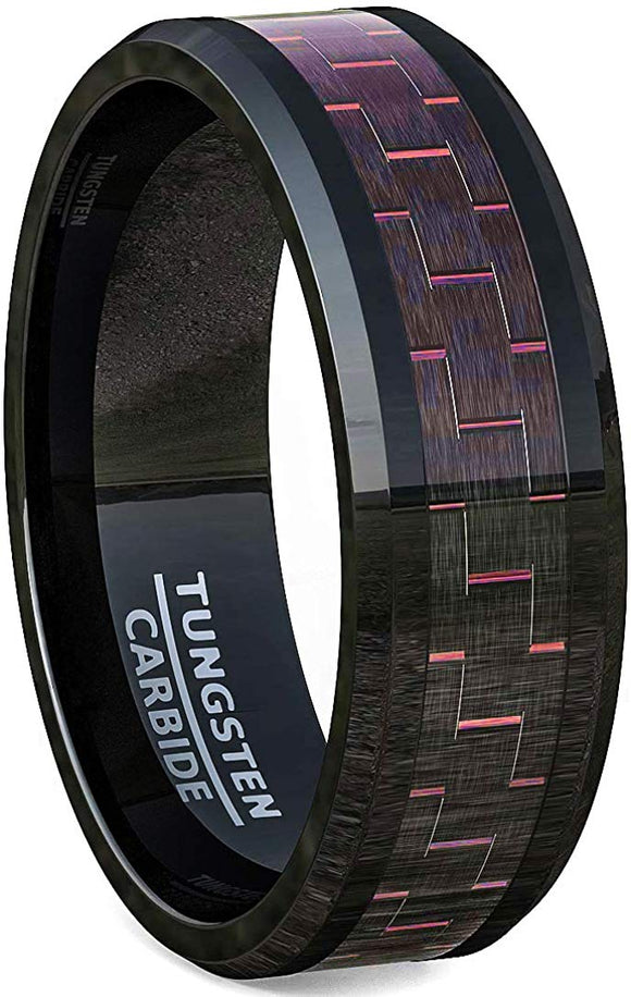 8mm Black Tungsten Carbon Fiber Rings Beveled Edge Comfort Fit Red