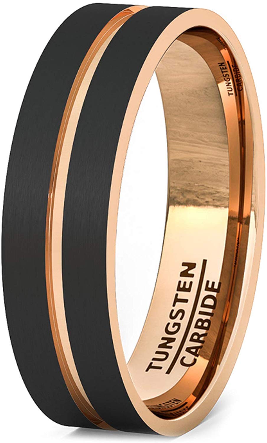 6mm Black Tungsten Ring Brushed with 18k Rose Gold Plated Groove  Flat Edge Comfort Fit