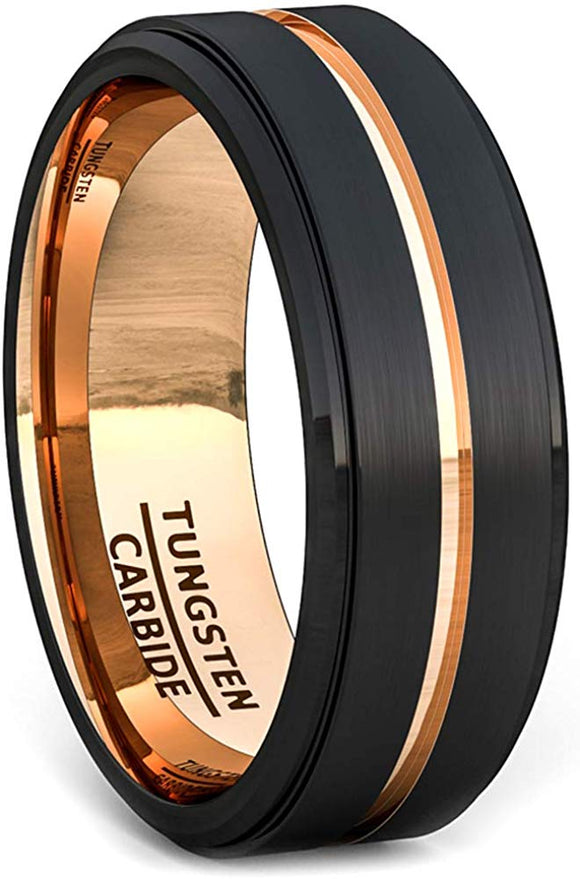 8mm Black Brushed Tungsten Ring Thin Rose Gold Groove Step Edge Comfort Fit