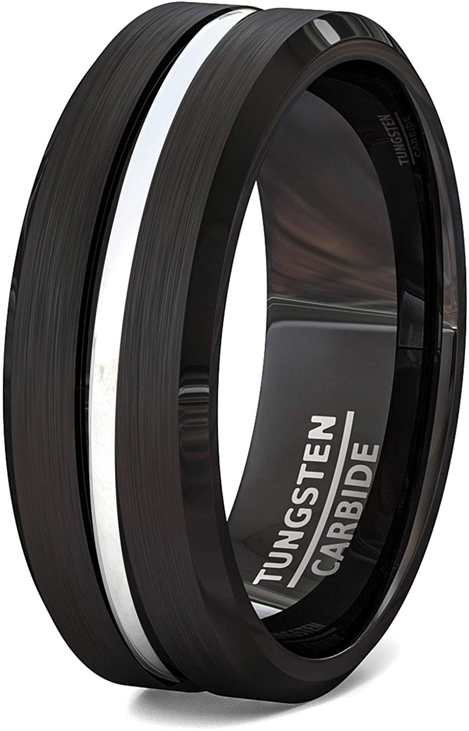 Black Tungsten Ring Brushed with Center Groove and Beveled Edges