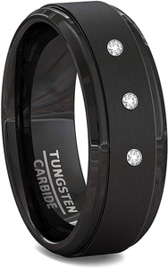 8mm Black Tungsten Ring with 3 Stones Brushed Step Edge Comfort Fit