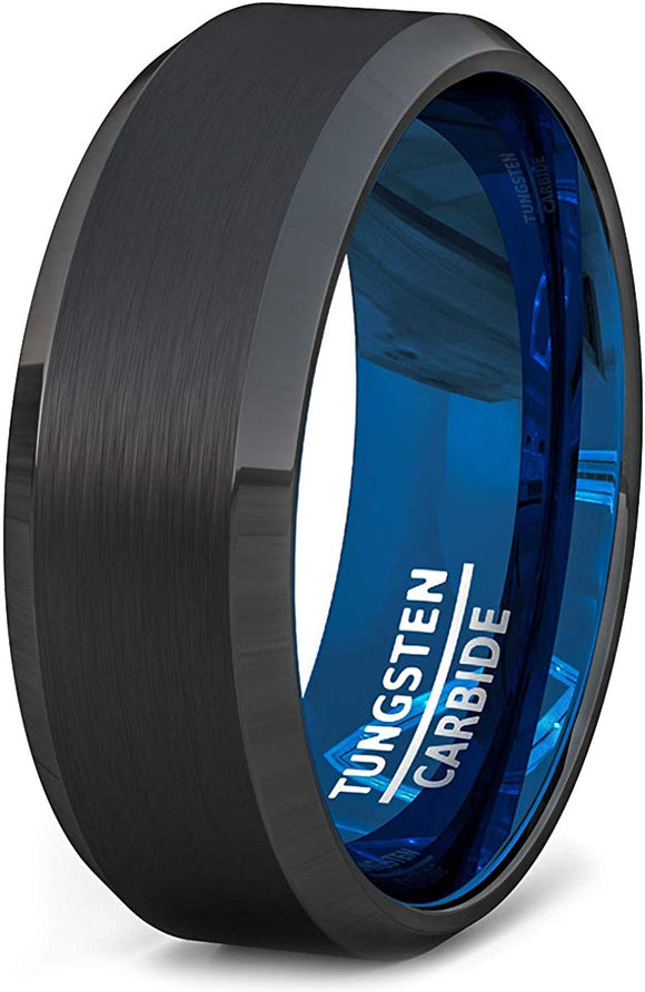 8mm Two Tone Black Tungsten Ring Matte Brushed Finish Surface Beveled Edge Comfort Fit Blue