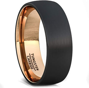 Two Tone Black Rose Gold Tungsten Ring Brushed Center Dome 8mm Comfort Fit