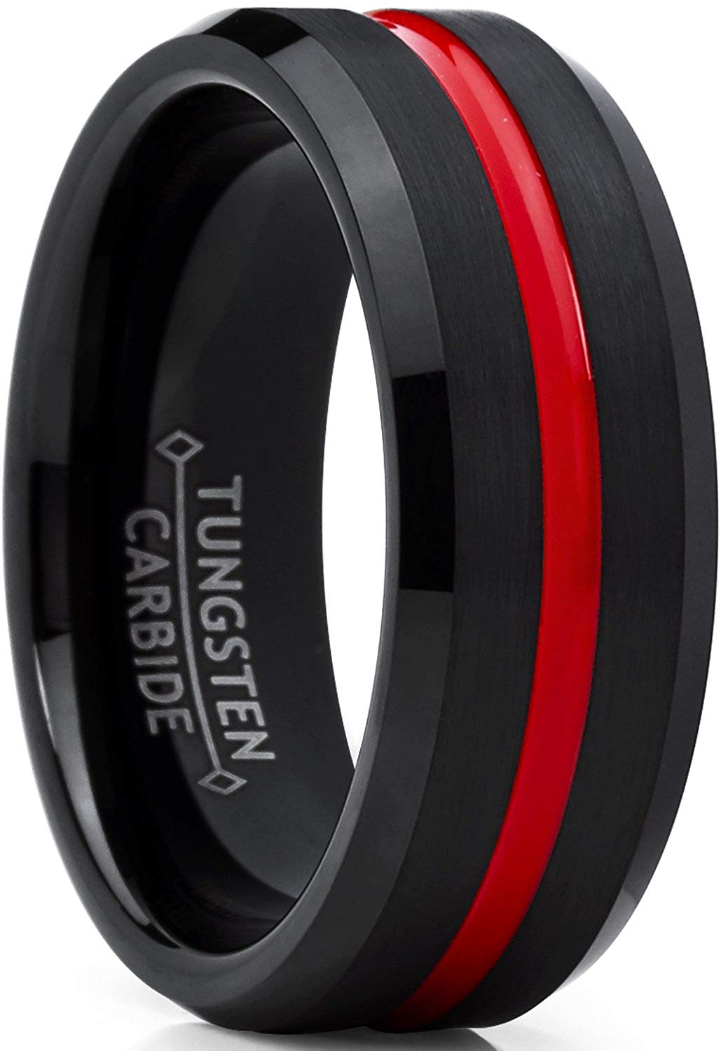 Tungsten Carbide Black Grooved Red Center, Comfort Fit