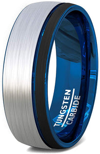 Black Tungsten Blue Groove Mens Ring Brushed Dome 8mm Comfort Fit