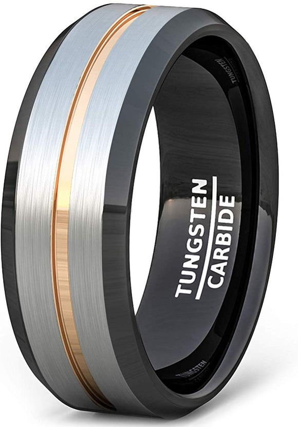 Tungsten Ring Rose Gold Groove Tri Color 8mm Mens Band Beveled Edge Comfort Fit