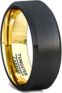 8mm Two Tone Black Tungsten Ring Matte Brushed Finish Surface Beveled Edge Comfort Fit Gold