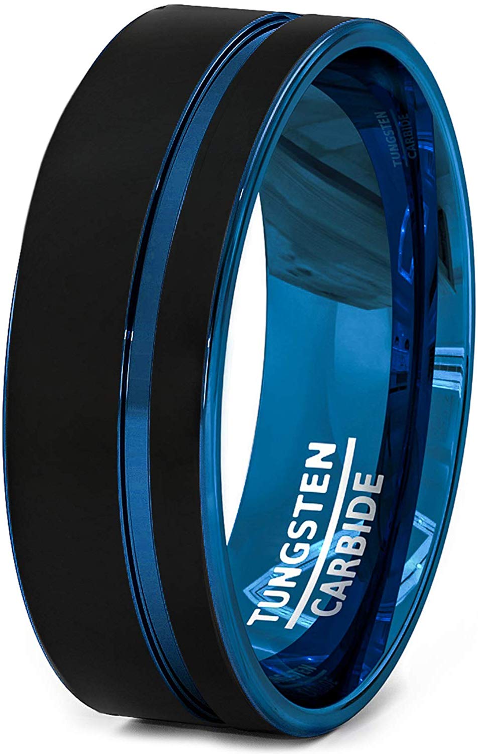 8mm Black Tungsten Ring Thin Side Blue Groove Flat Edge Comfort Fit