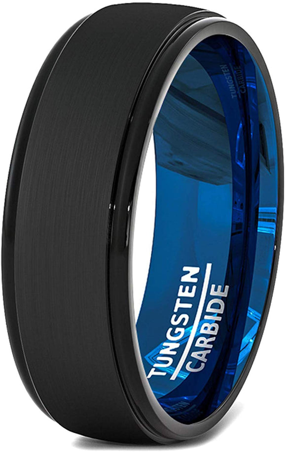 8mm Blue Black Brushed Mens Tungsten Ring Step Edge Comfort Fit