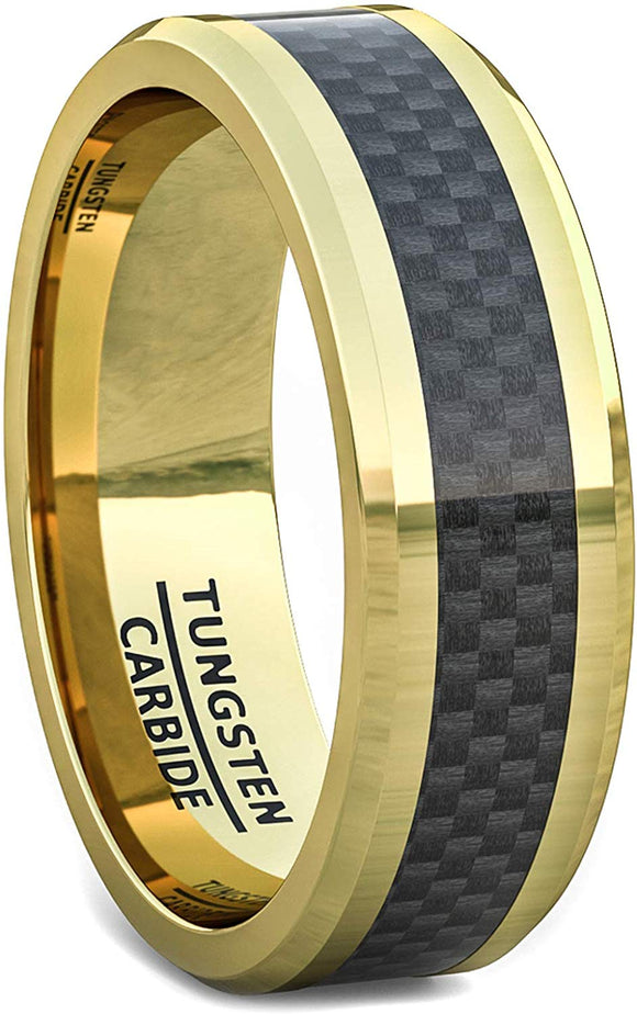 8mm Tungsten Gold Ring Black Carbon Fiber Surface Beveled Edges Comfort Fit