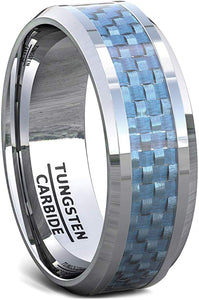 8mm Tungsten Ring Polished Blue Carbon Fiber Inlay Beveled Edge Comfort Fit