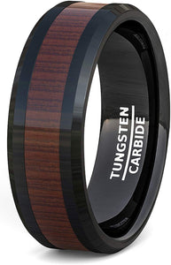 Black Tungsten Ring Wood Pattern Inlay Beveled Edge Comfort Fit