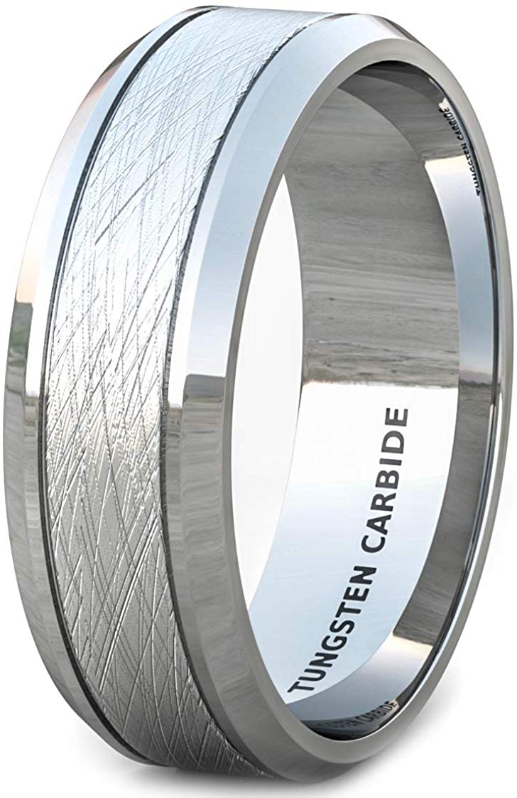 8mm Tungsten Ring Wire Brushed Beveled Edge Comfort Fit