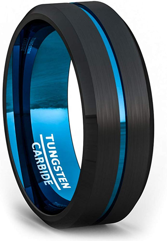 8mm Two Tone Black Tungsten Ring Thin Blue Line Groove Brushed Surface Beveled Edge Comfort Fit