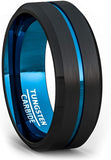 8mm Two Tone Black Tungsten Ring Thin Blue Line Groove Brushed Surface Beveled Edge Comfort Fit