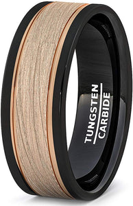 Black Tungsten Ring 8mm Rose Gold Brushed Double Groove Beveled Edge Comfort Fit