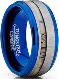 Tungsten Carbide Blue Wedding Band Ring Real Deer Antler Inlay Comfort Fit 9mm