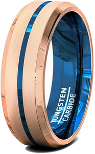8mm Tungsten Ring Rose Gold Bonded Matte Brushed Center Blue Groove Line Beveled Edge Comfort Fit