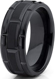 Tungsten Carbide Black Brushed Grooved Ring, Comfort Fit 8mm