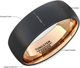 Two Tone Black Rose Gold Tungsten Ring Brushed Center Dome 8mm Comfort Fit