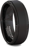 Solid Black Tungsten Ring Step Edge Brushed Comfort Fit