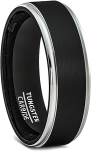 6mm Black Tungsten Ring Brushed Silver Step Edge Comfort Fit