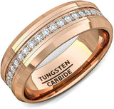 8mm Rose Gold Bonded Tungsten Ring Polished  Fully Stacked White Sapphire Tungsten Carbide Beveled Edge Comfort Fit