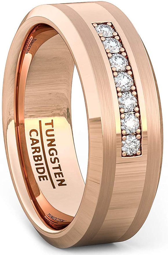 8mm Tungsten Carbide Ring 7 Stone White Sapphire Comfort Fit Rose Gold