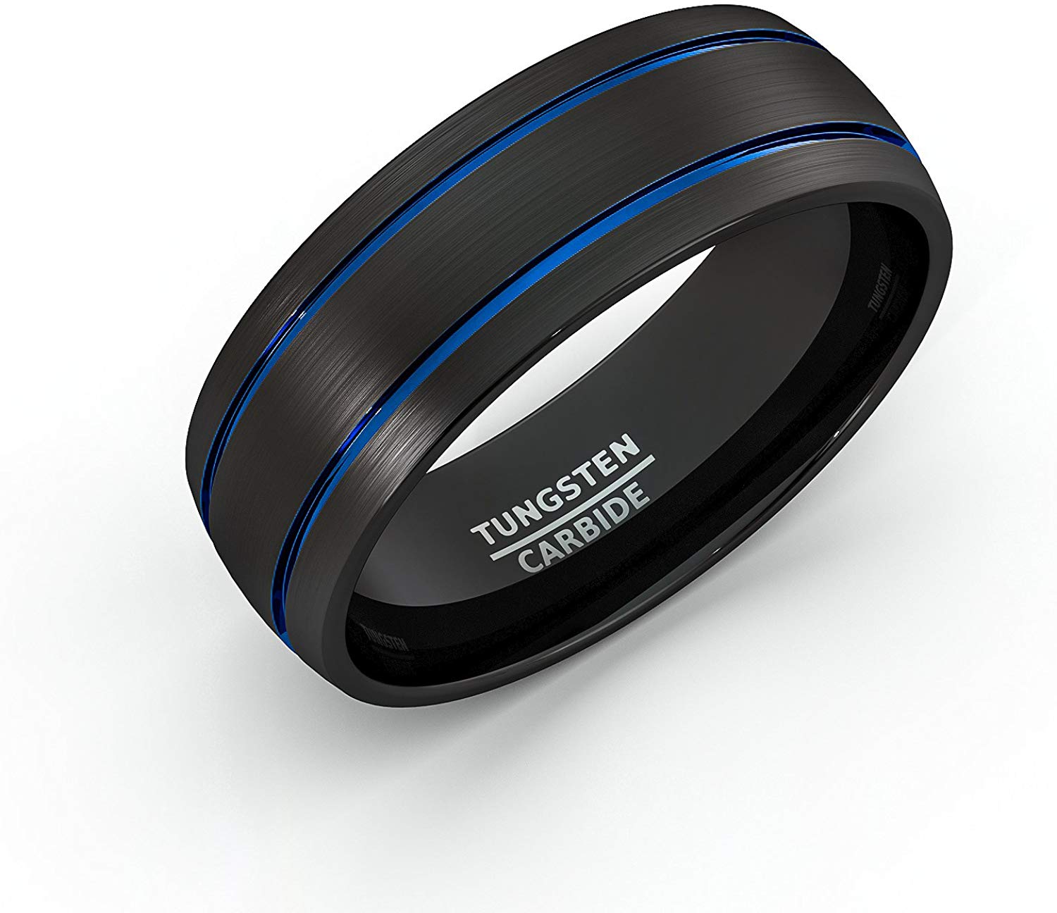 8mm Black Tungsten Ring Brushed Matte Double Groove Blue Inlay Dome Comfort Fit