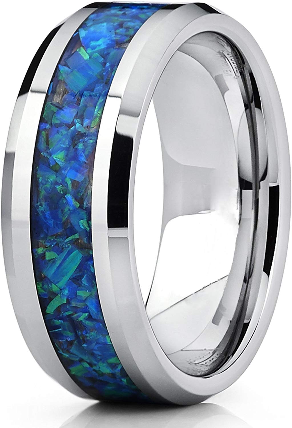 8MM Tungsten Carbide Ring with Blue Green Lab Created Opal Inlay