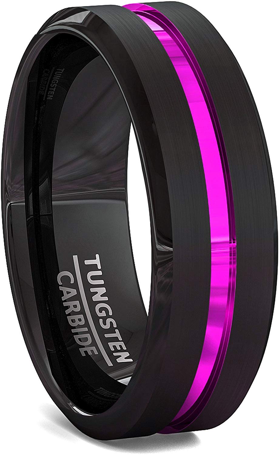 8mm Metal Purple Tungsten Ring Groove Beveled Edge with Black Comfort Fit