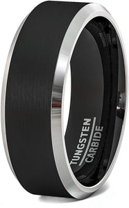 8mm Black Tungsten Rings Brushed Matte Finish Two Tone Beveled Edge Comfort Fit
