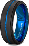 8mm Tungsten Carbide Black Matte Brushed Thin Blue Groove Line Step Edge Comfort Fit