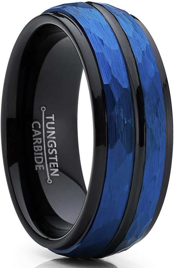 8mm Blue and Black Dome Tungsten Carbide with Hammered Brushed Finish