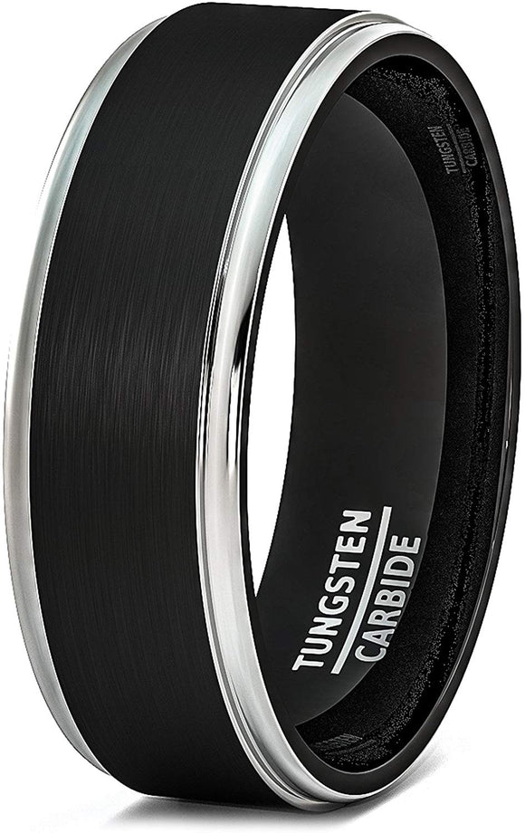 8mm Black Tungsten Ring Brushed Silver Step Edge Comfort Fit
