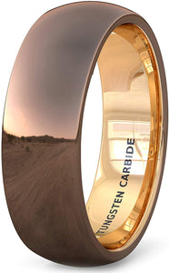 8mm Tungsten Ring Polished Brown Inside Rose Gold Dome Comfort Fit