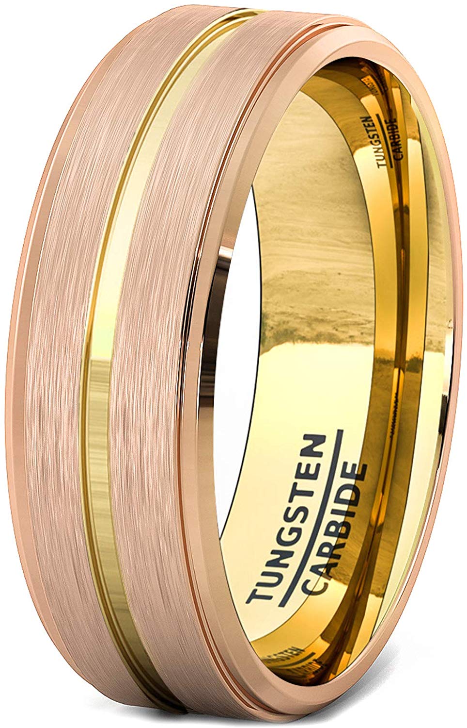 8mm Tungsten Ring Rose Gold Brushed Step Edge with 18k Plated Gold Groove Comfort Fit