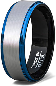 Tungsten Ring White Brushed Surface Black Inside Blue Step Edge Comfort Fit
