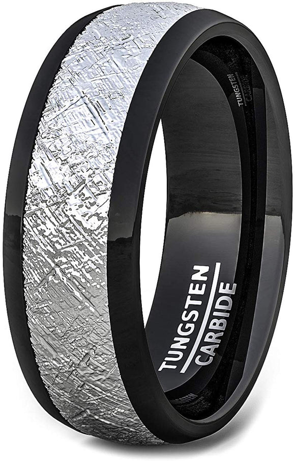 8mm Black Tungsten Ring with Imitation Meteorite Texture Dome Comfort Fit